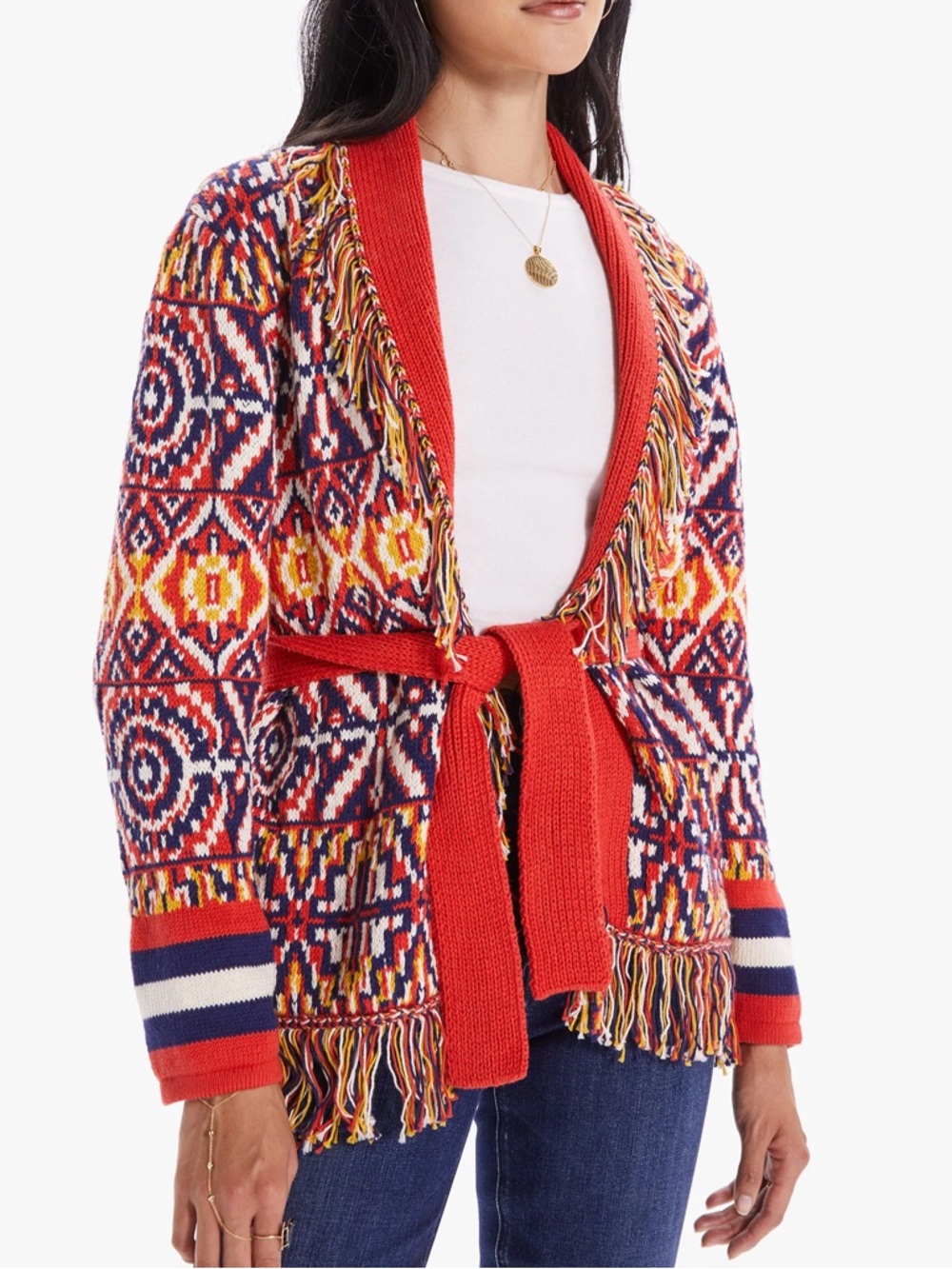 Mother Belted Short Cardigan Sweater Bass Culture Fringe Trim Red Cotton Size XS